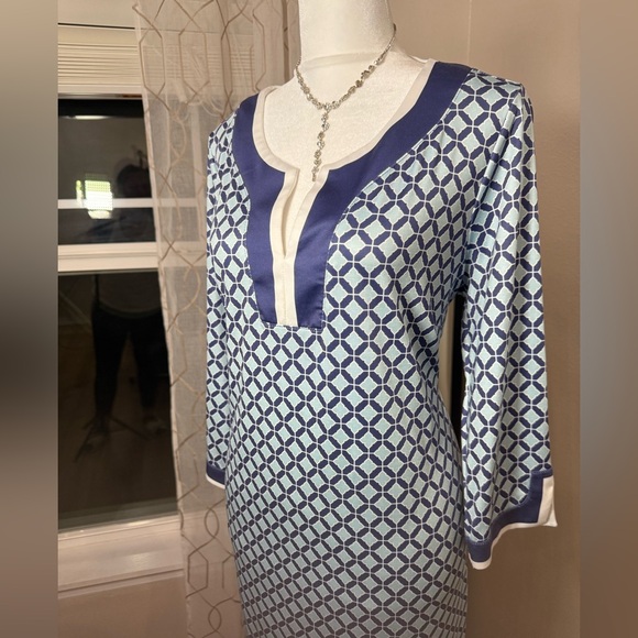 Caribbean Joe Dress Women's Large Blue White Geometric Print Tunic 3/4 Sleeve - Picture 3 of 8
